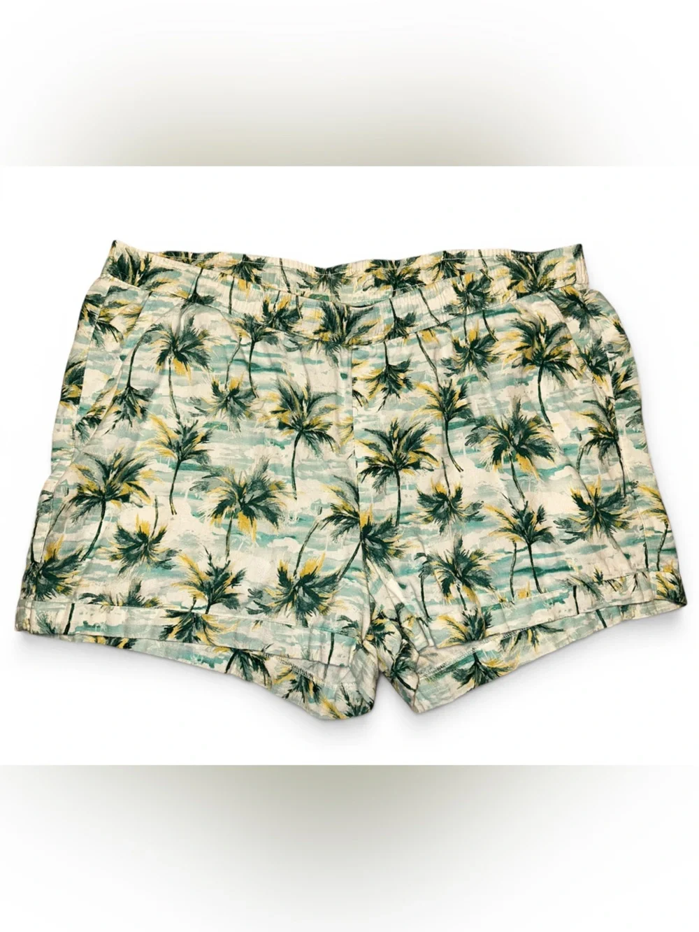 Old Navy‎ Linen Teal, Cream and Yellow Palm-Print High-Rise Shorts Size XXL